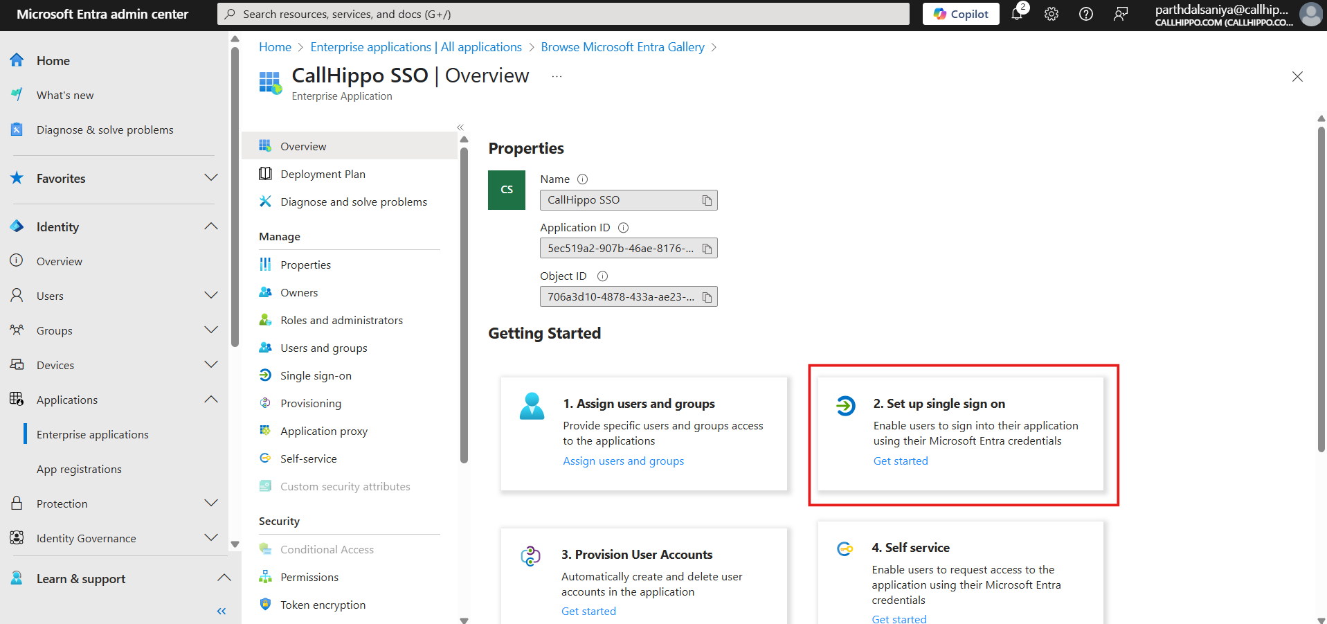 Entra application Overview page with the Set up single sign on tile highlighted