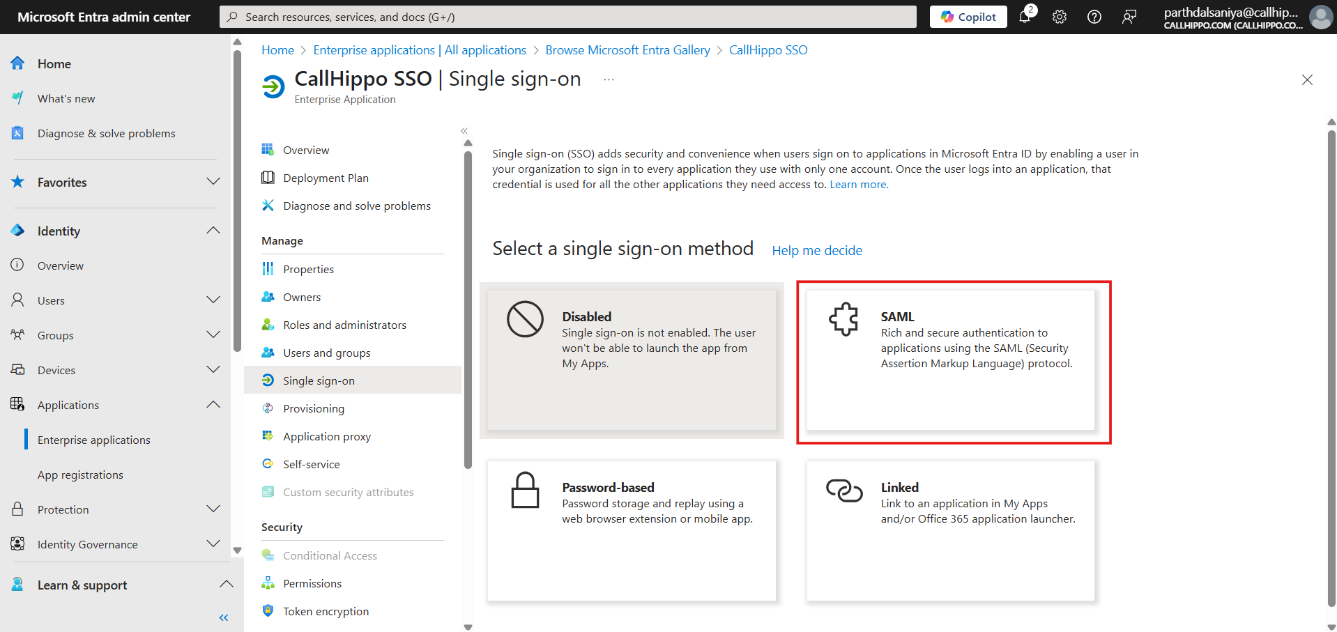 Select a single sign-on method screen with the SAML option highlighted