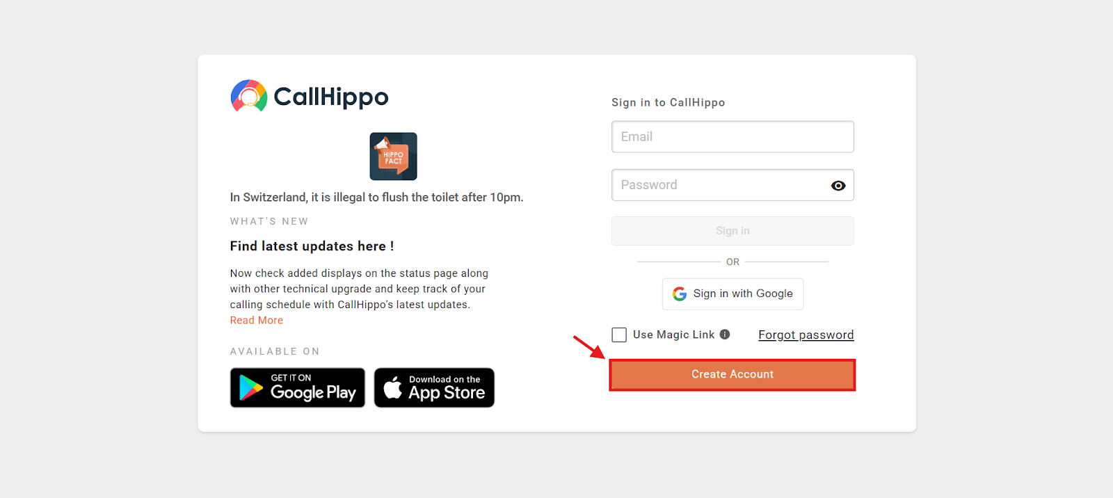 CallHippo sign-in page with the Create Account button highlighted