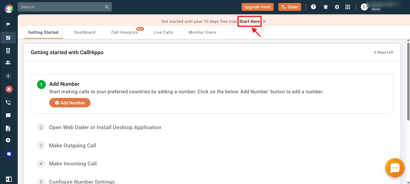 CallHippo dashboard with the Start Here button highlighted at the top
