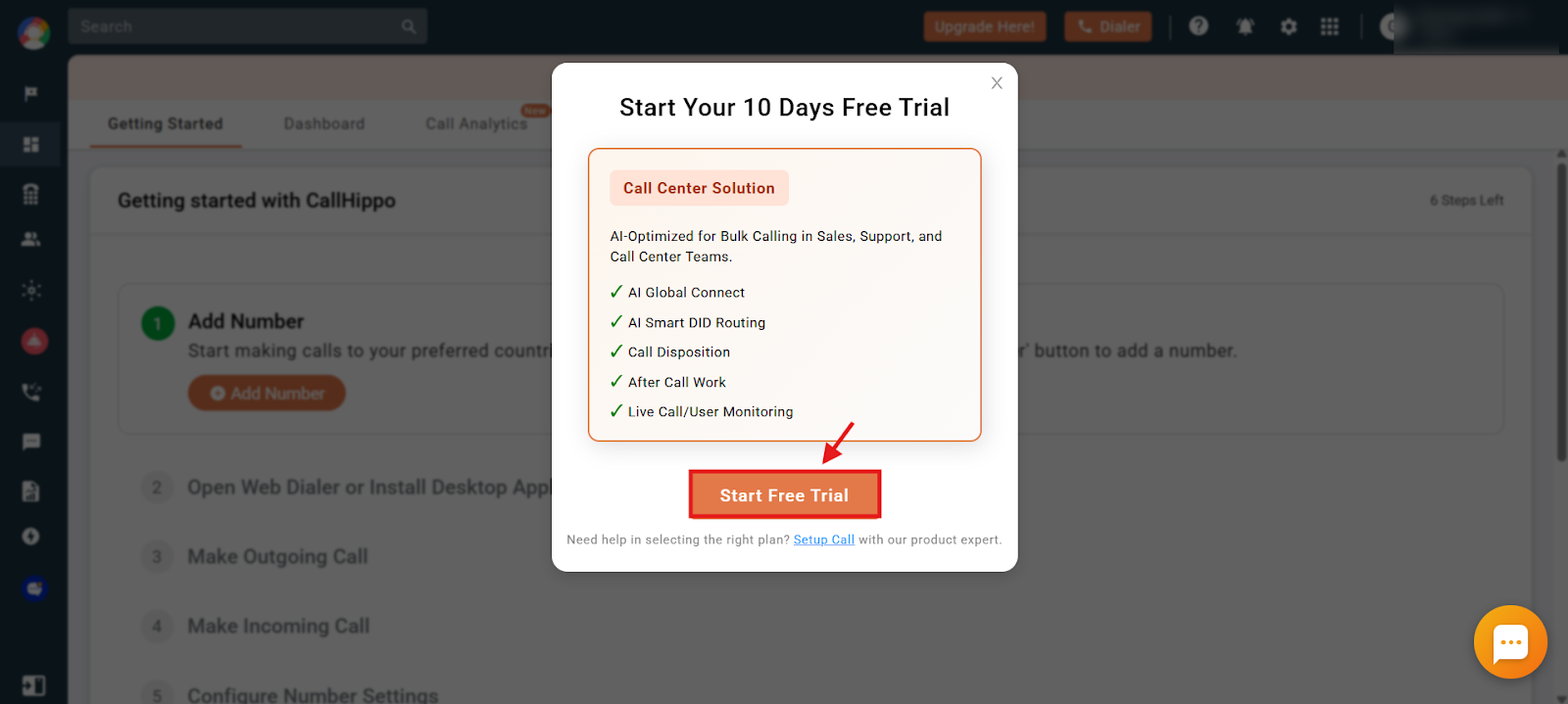 Start Your 10 Days Free Trial popup with the Start Free Trial button highlighted