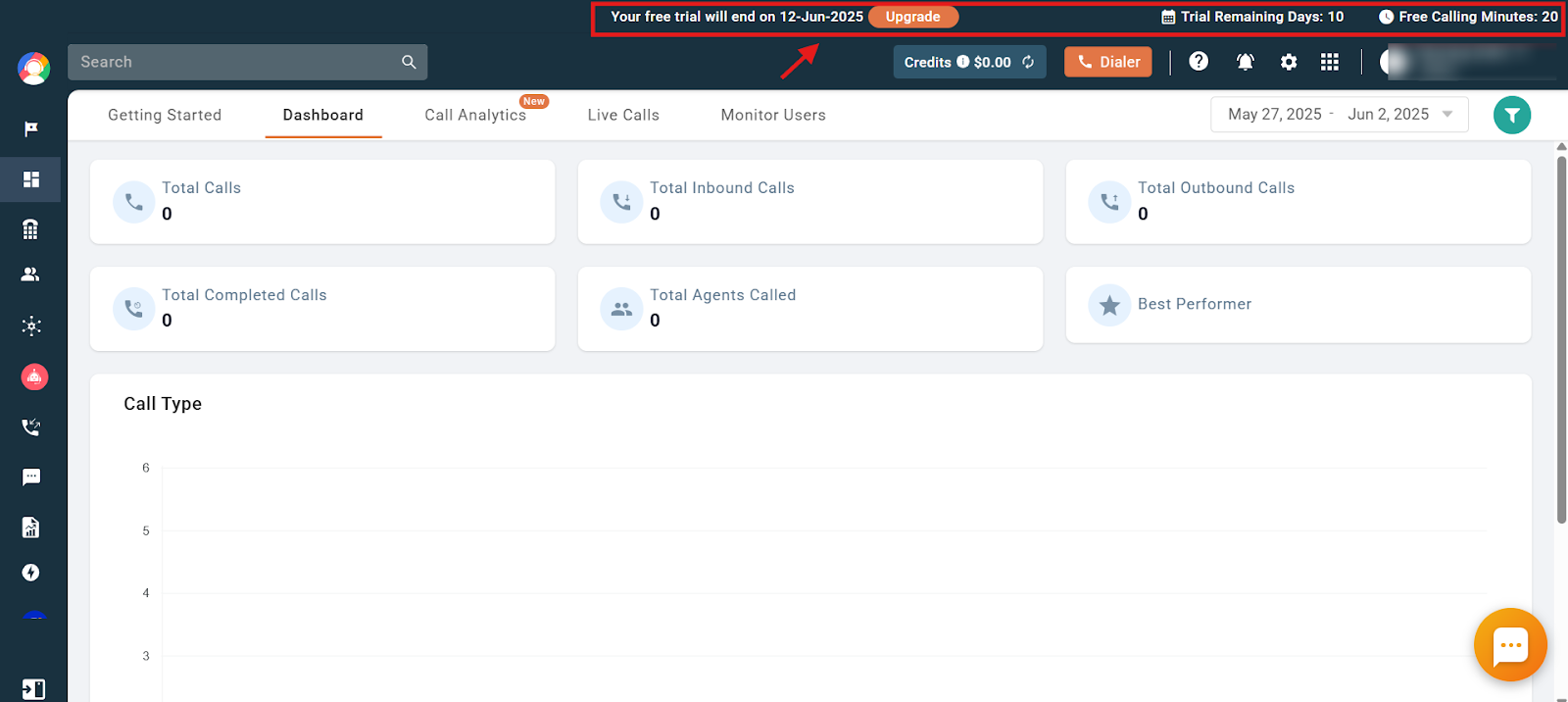 CallHippo dashboard banner showing trial end date, remaining days, and free calling minutes