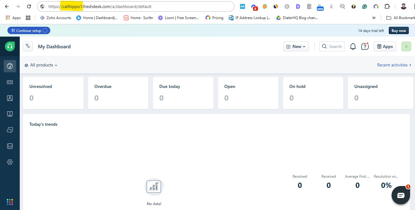 Freshdesk dashboard with the account domain name highlighted in the browser URL