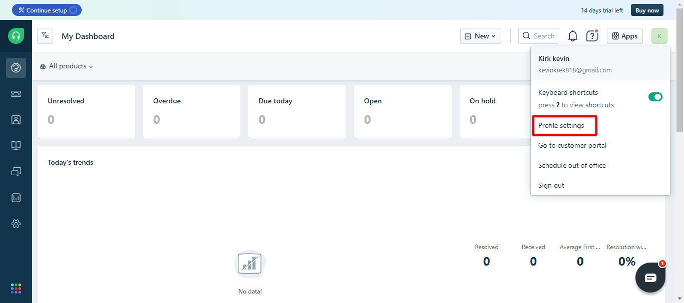 Freshdesk profile dropdown menu with Profile settings option highlighted