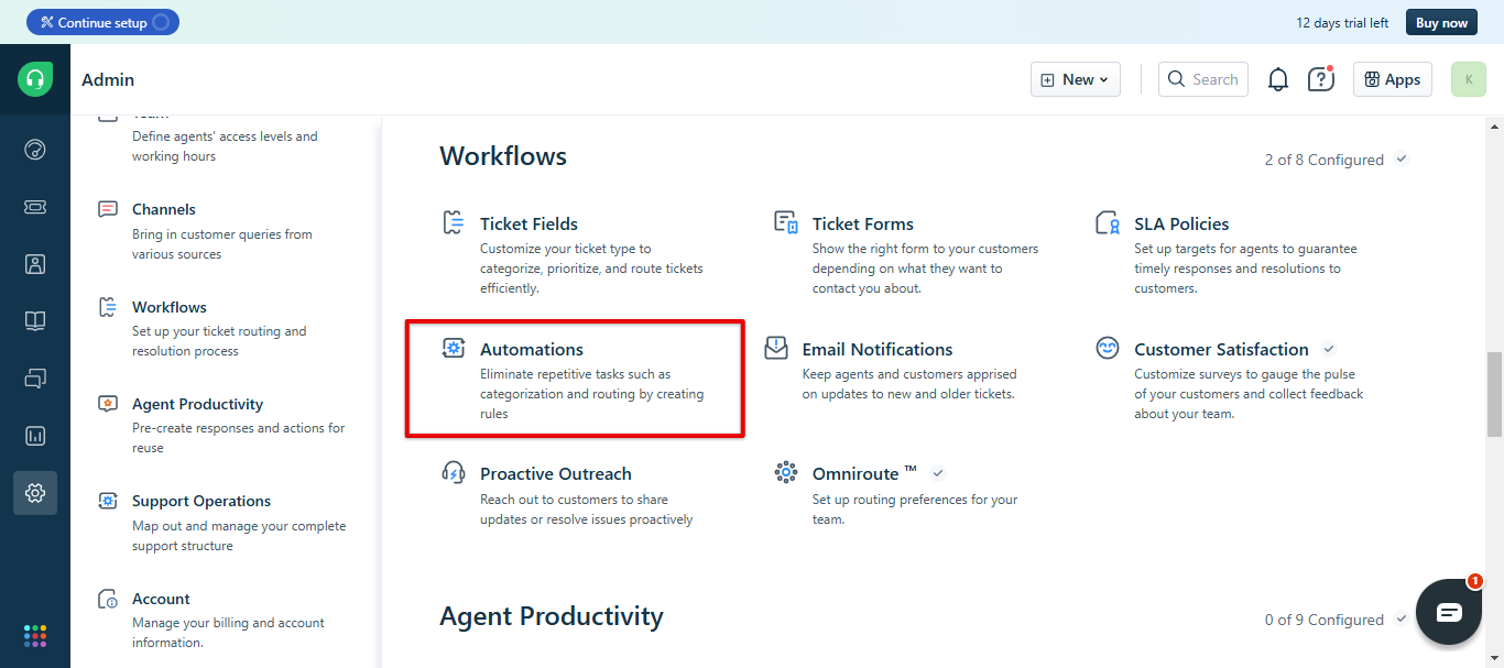 Freshdesk dashboard with the Admin tab and Automations under Workflows