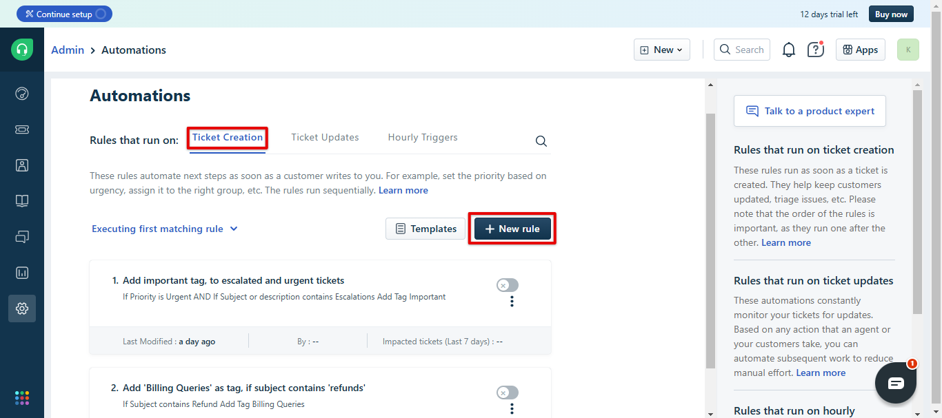 Freshdesk Automations Ticket Creation tab with the New rule button highlighted