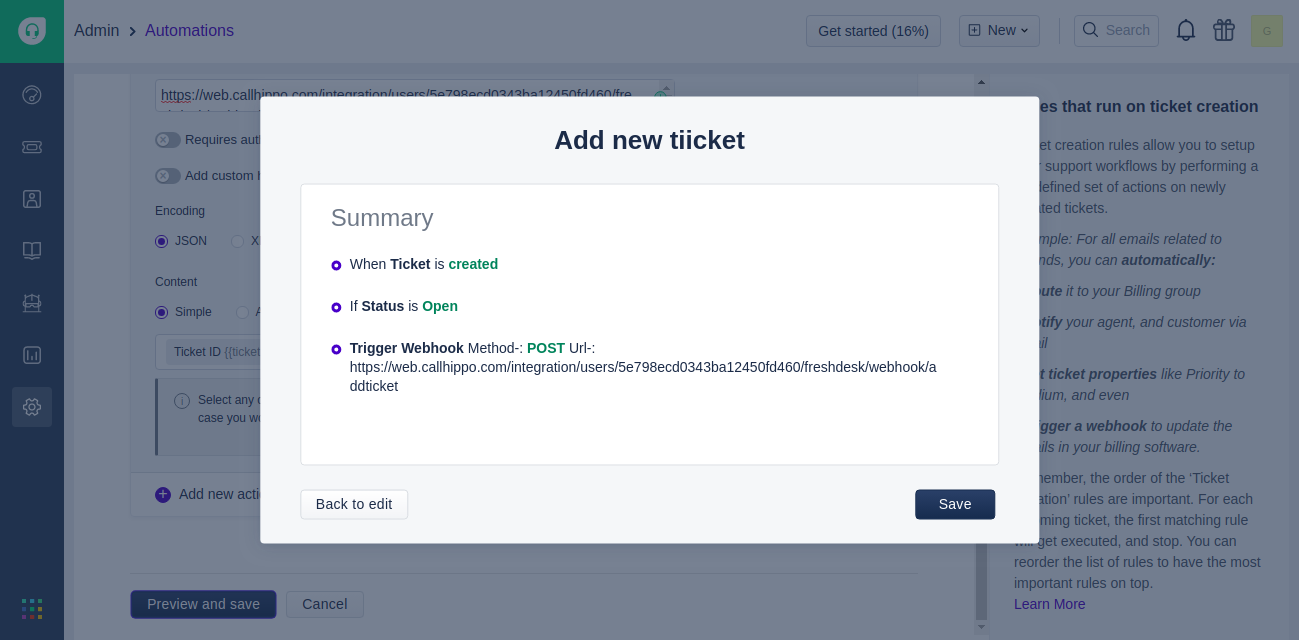 Freshdesk Add new ticket rule summary showing the addticket webhook URL