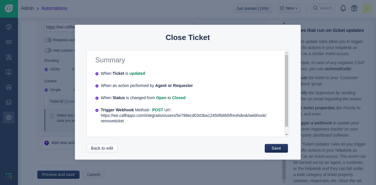 Freshdesk Close Ticket rule summary showing the removeticket webhook