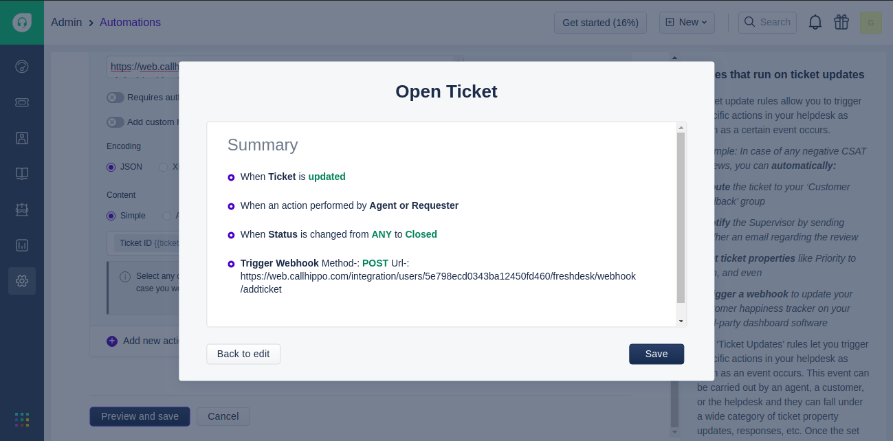 Freshdesk Open Ticket rule summary showing the addticket webhook
