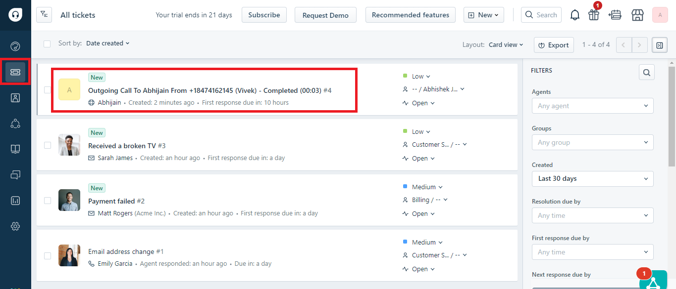 Freshdesk ticket list showing a ticket auto-created from a CallHippo outgoing call