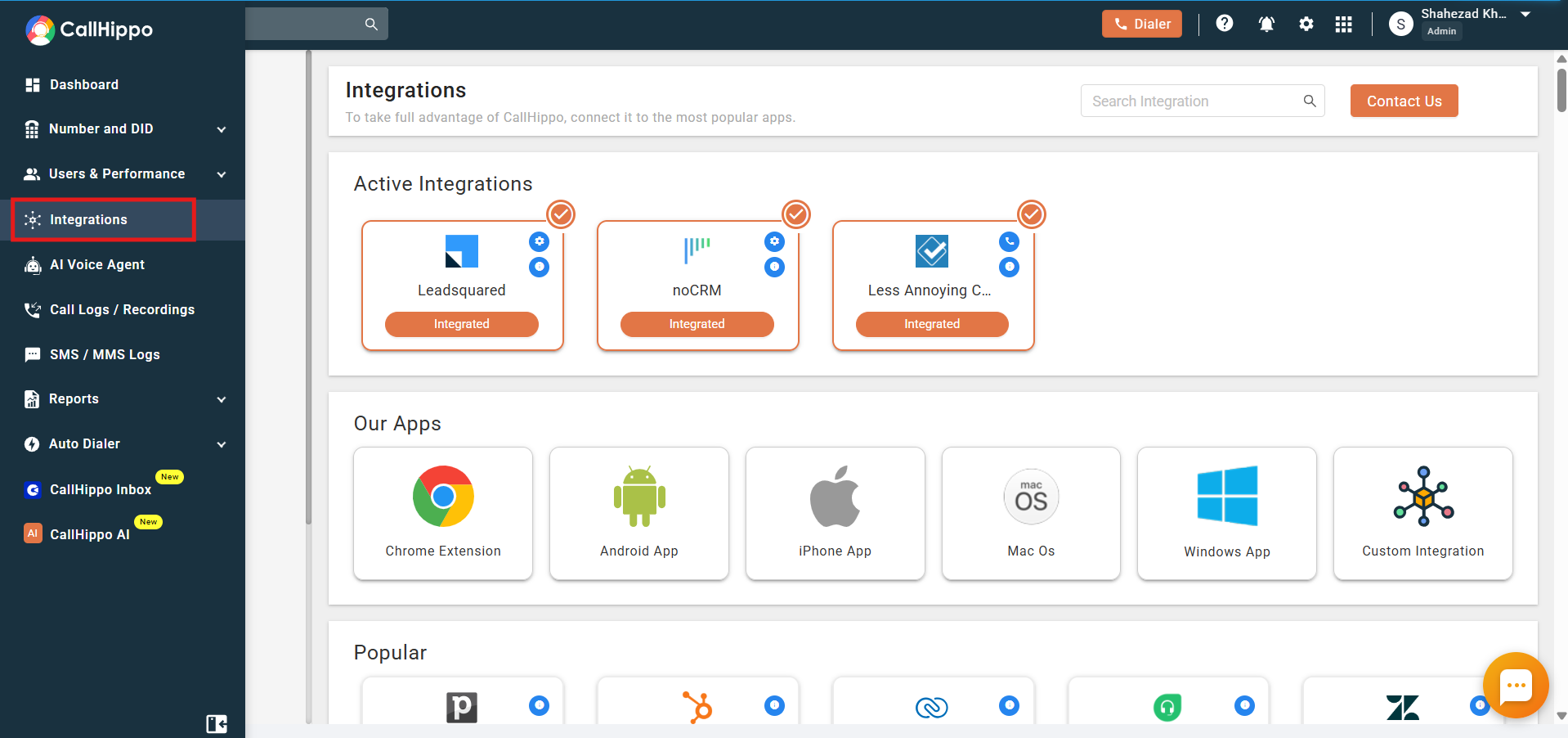 CallHippo dashboard sidebar with Integrations menu highlighted