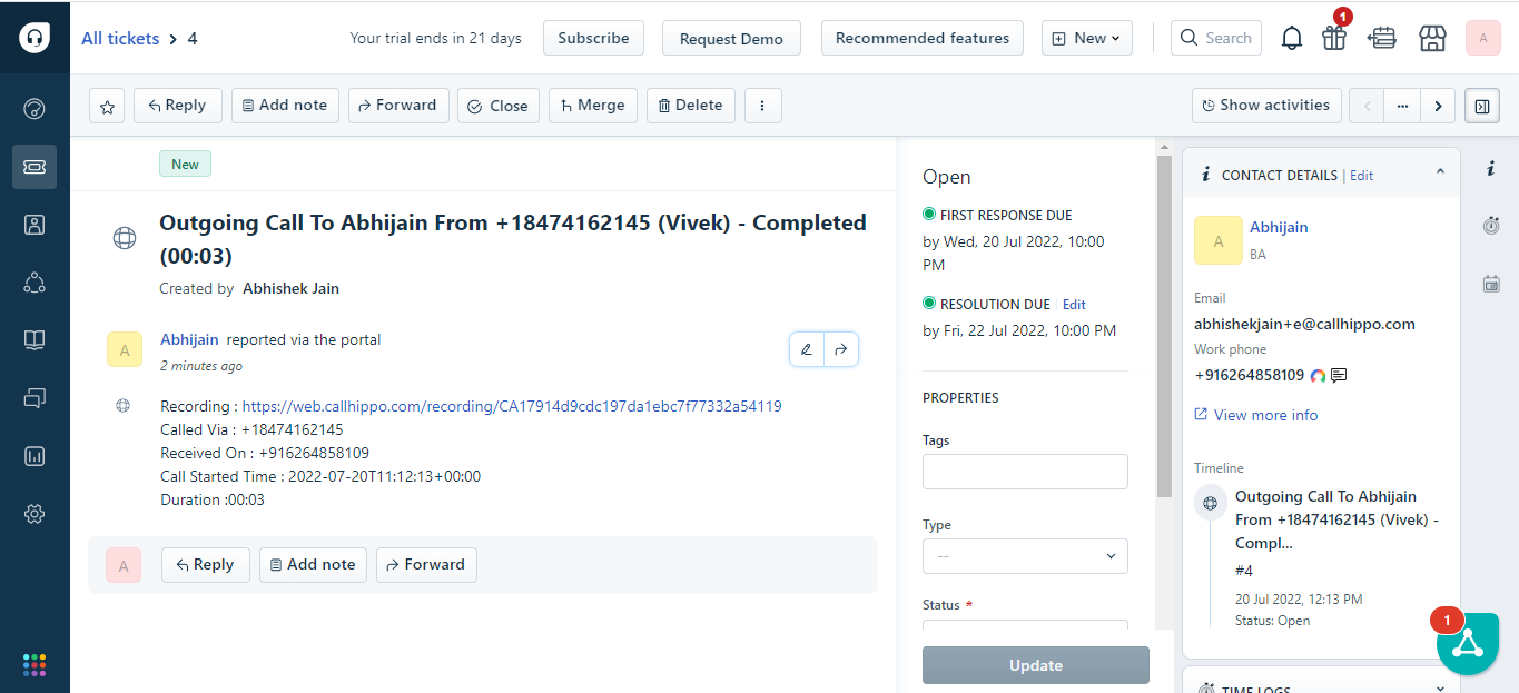 Freshdesk ticket detail showing CallHippo call recording, duration and contact details