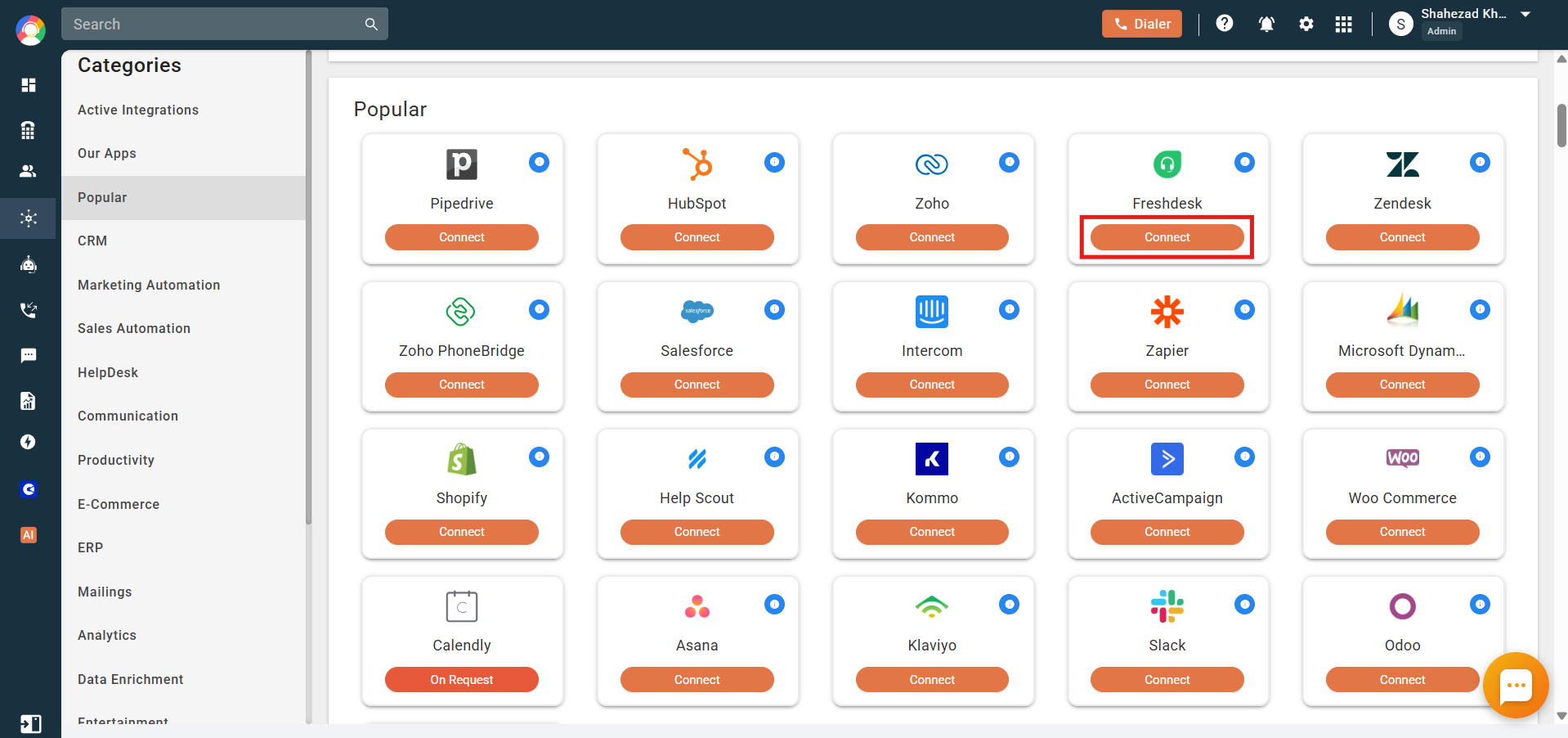 CallHippo Popular integrations with the Freshdesk Connect button highlighted