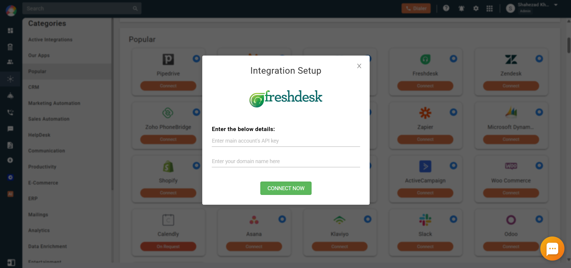 CallHippo Integration Setup popup asking for the Freshdesk API key and domain name