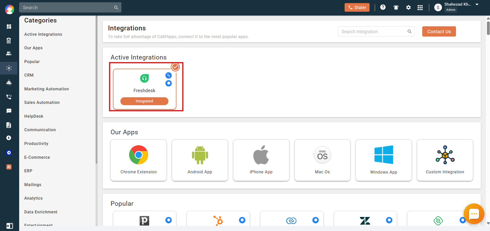 CallHippo Active Integrations showing Freshdesk with an Integrated status