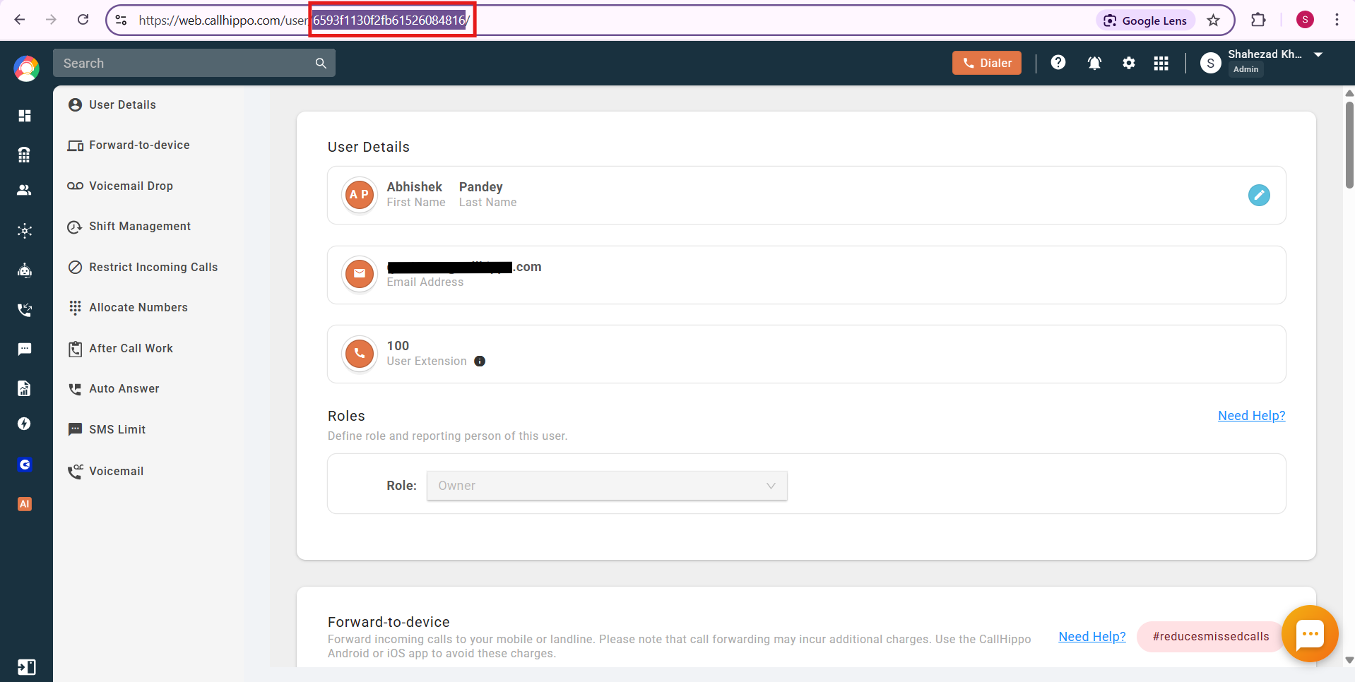 CallHippo owner user settings with the user ID highlighted in the browser URL