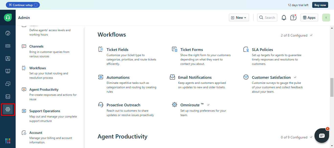 Freshdesk Admin page Workflows section with the Automations option