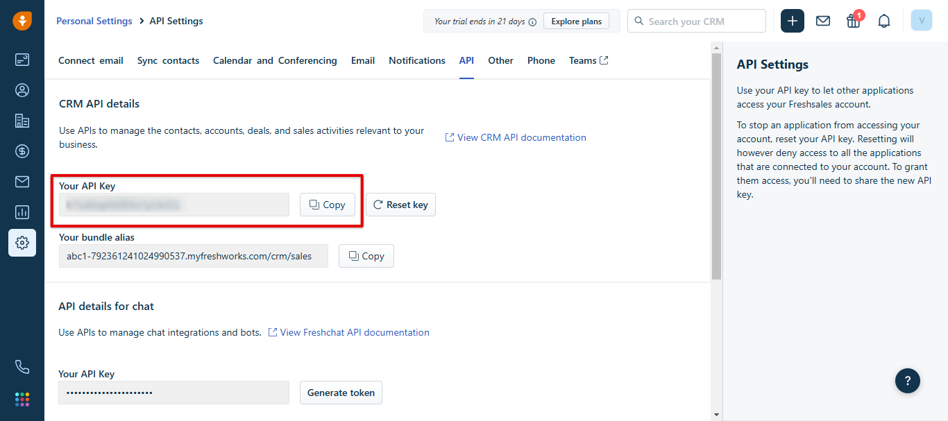 Freshsales CRM API details showing the API key and bundle alias to copy
