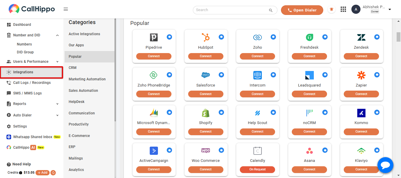 CallHippo dashboard with the Integrations menu item highlighted