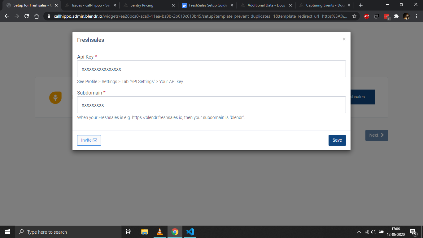 CallHippo Freshsales setup dialog with fields for API key and subdomain