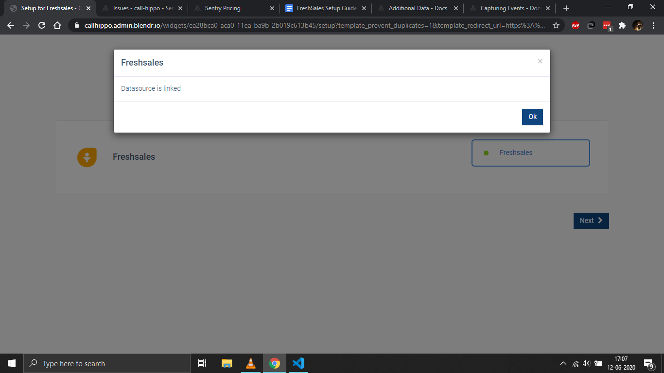 CallHippo Freshsales dialog showing Datasource is linked confirmation message