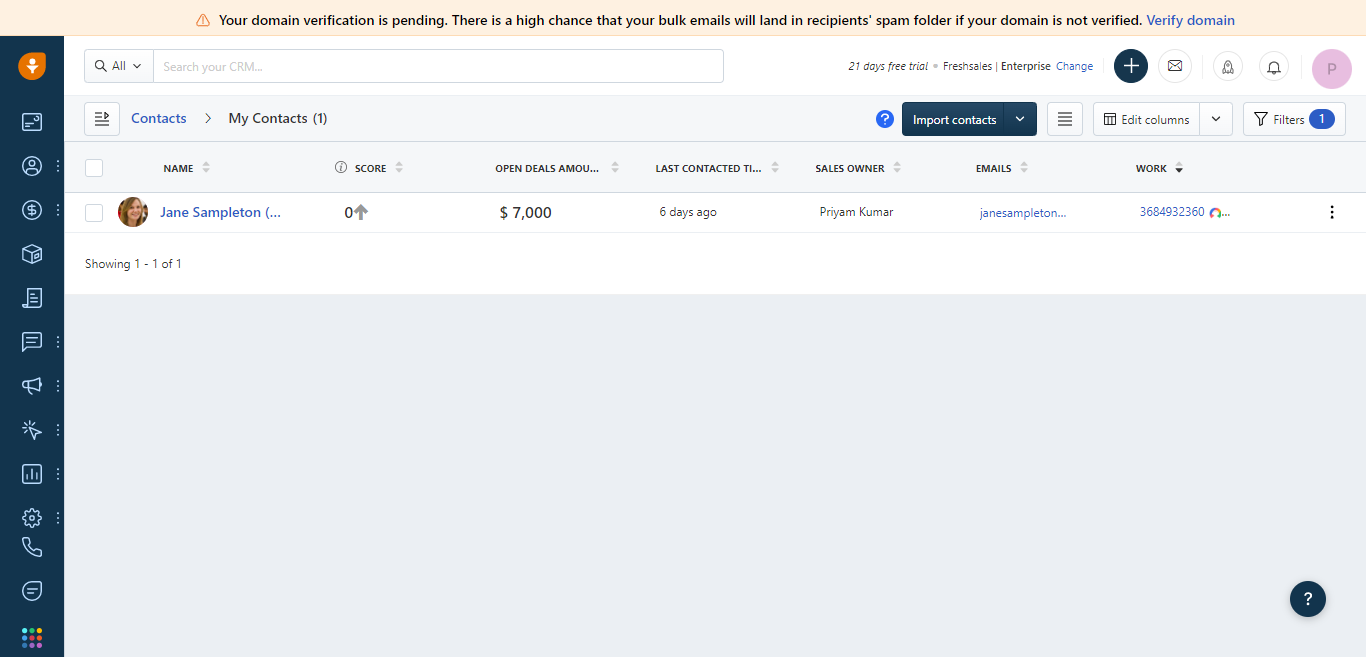Freshsales contacts list showing synced contact records