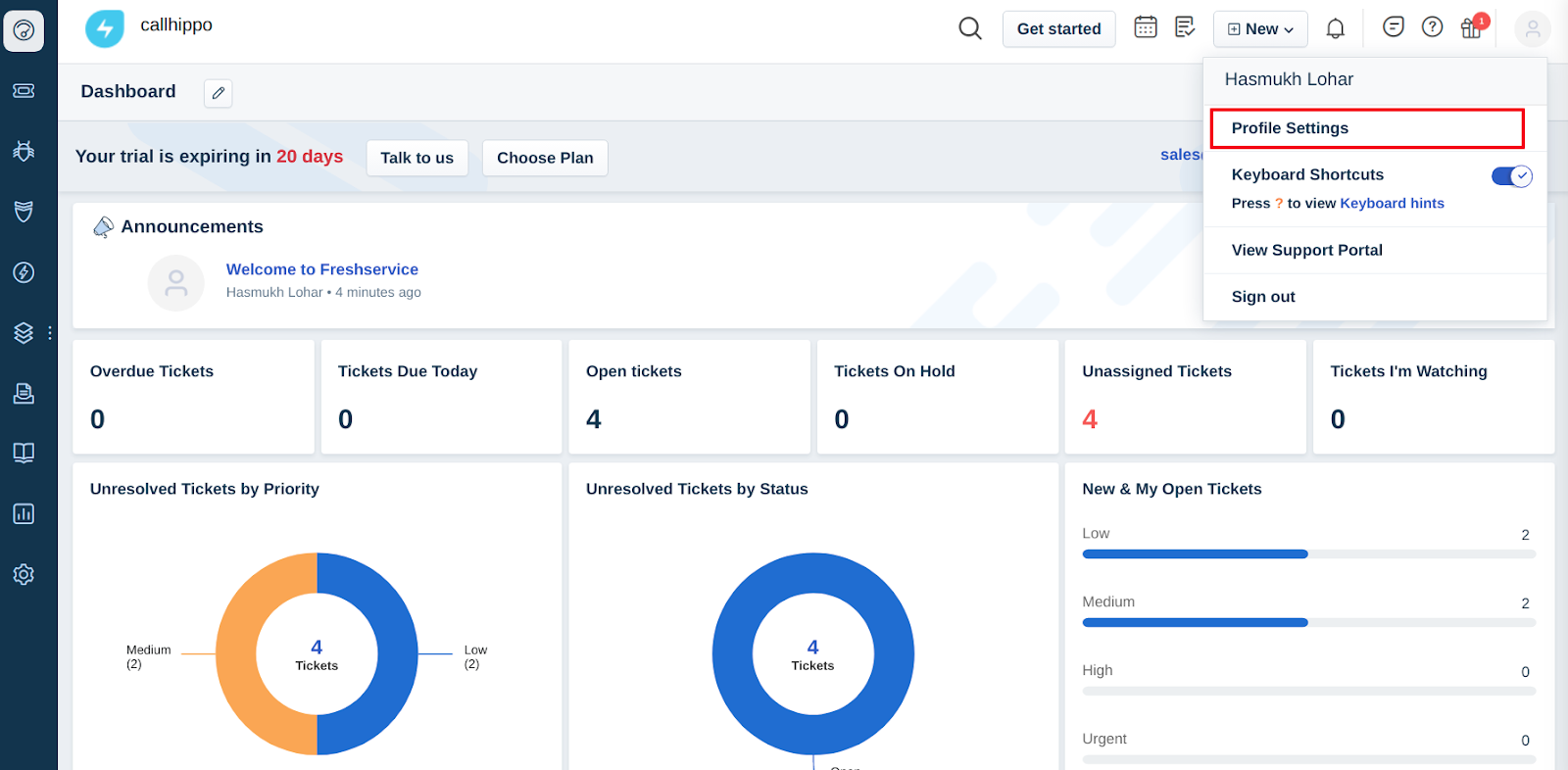 Freshservice dashboard profile menu with Profile Settings option highlighted