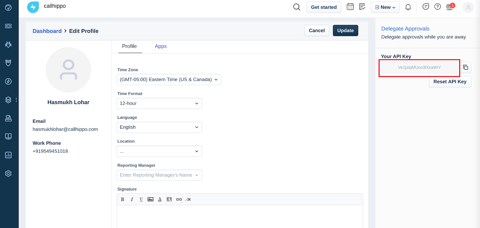 Freshservice Edit Profile page showing Your API Key panel highlighted