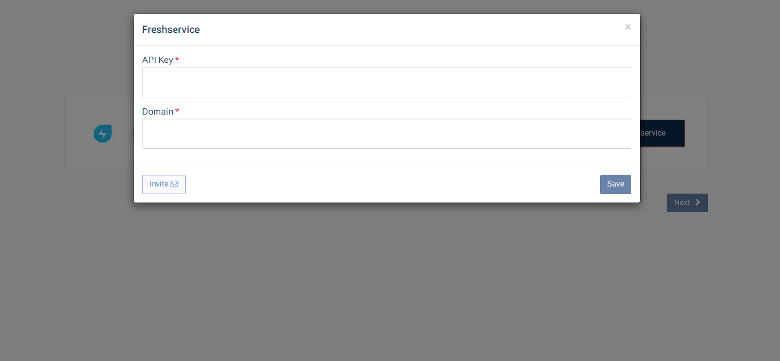 CallHippo Freshservice setup popup with API Key and Domain fields