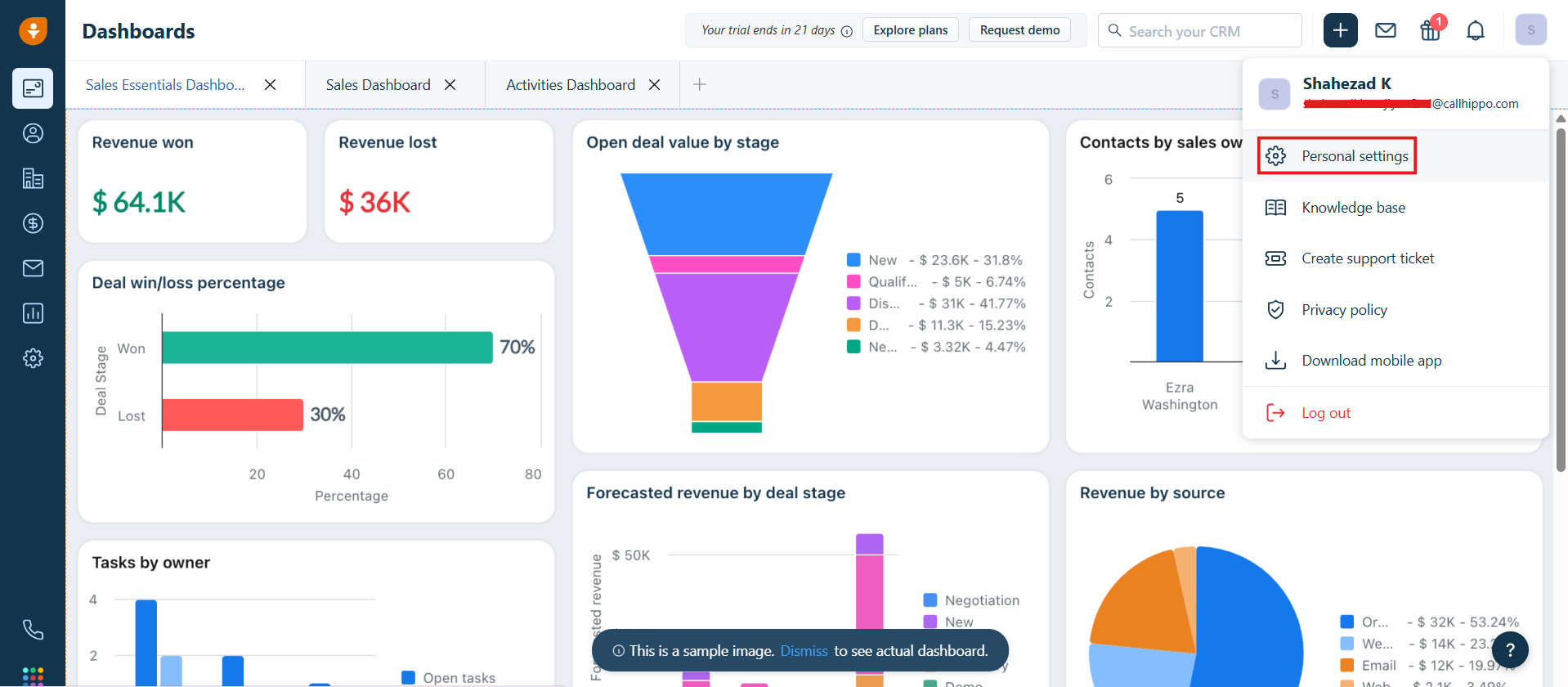 Freshworks dashboard profile menu with Personal settings highlighted