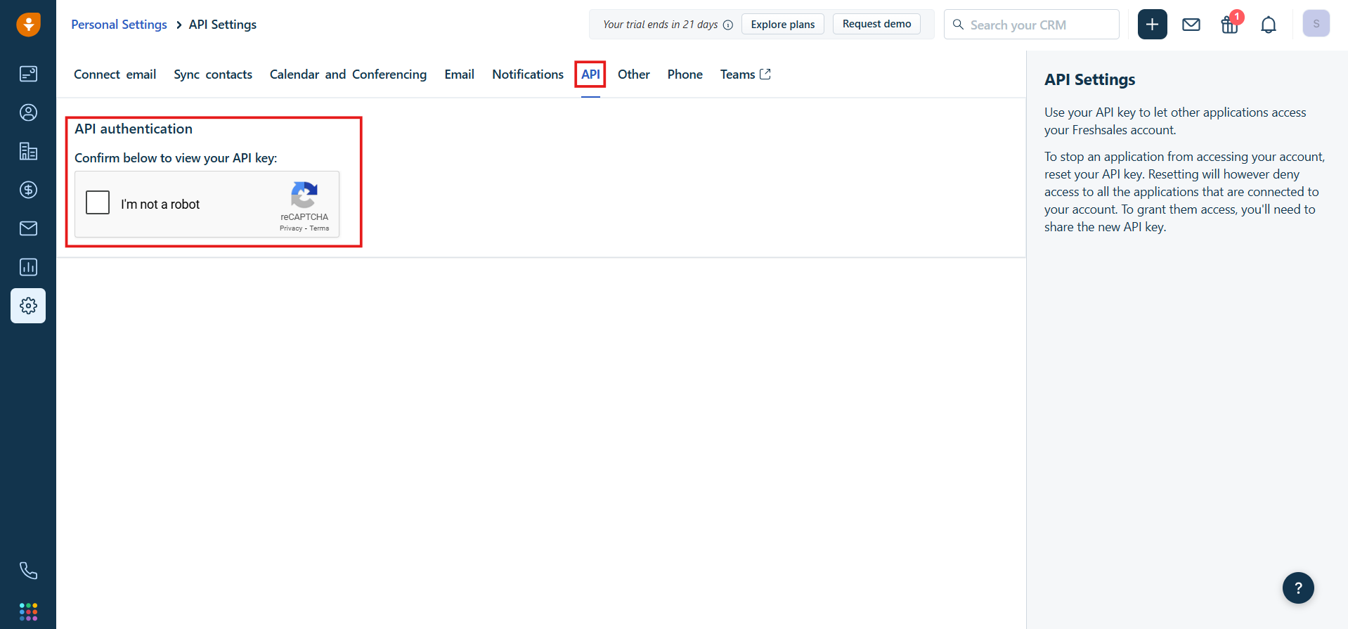 Freshworks API Settings tab with the reCAPTCHA verification to view the API key