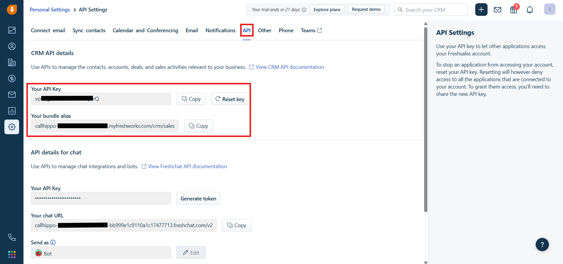 Freshworks CRM API details showing the API key and bundle alias domain