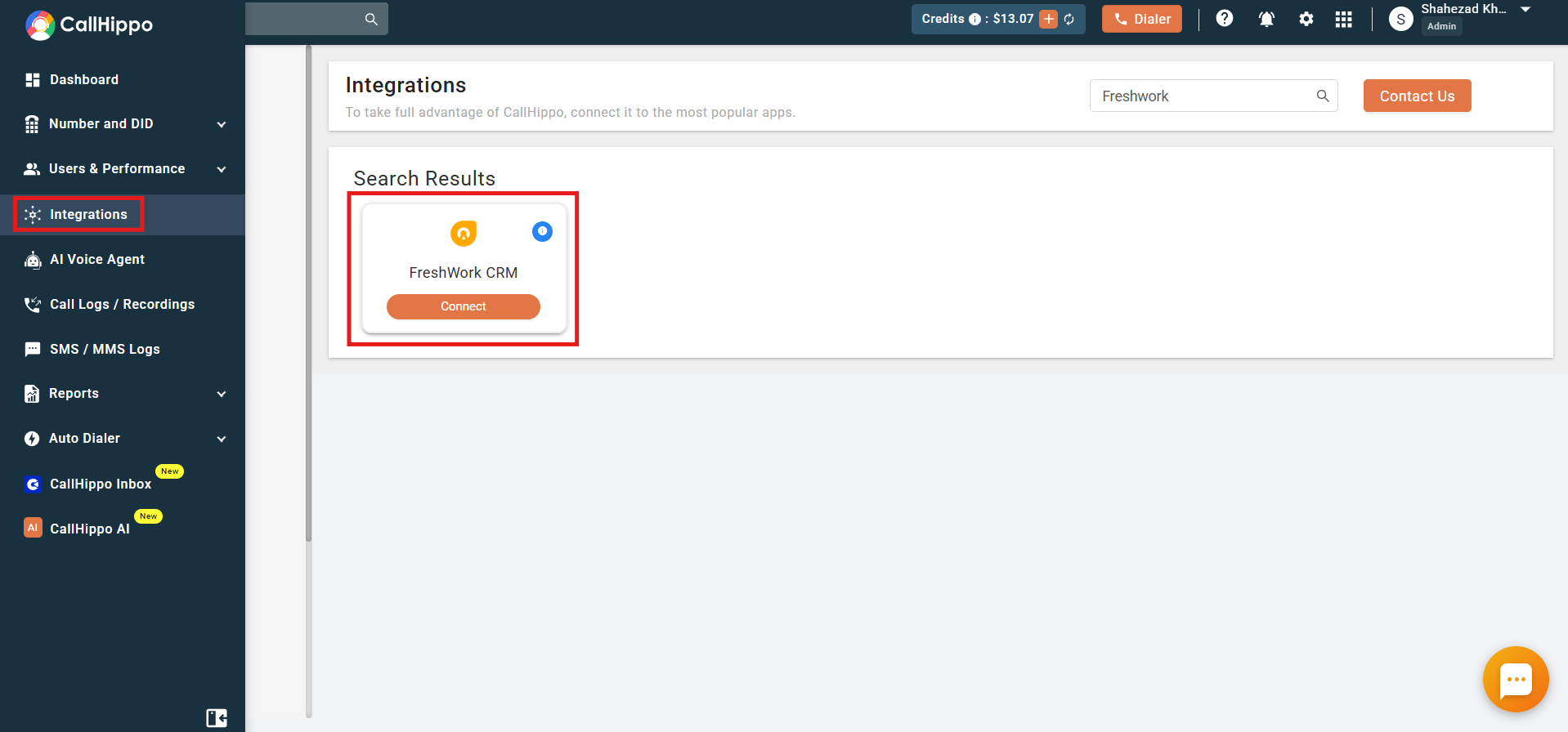 CallHippo Integrations page with FreshWork CRM search result and Connect button