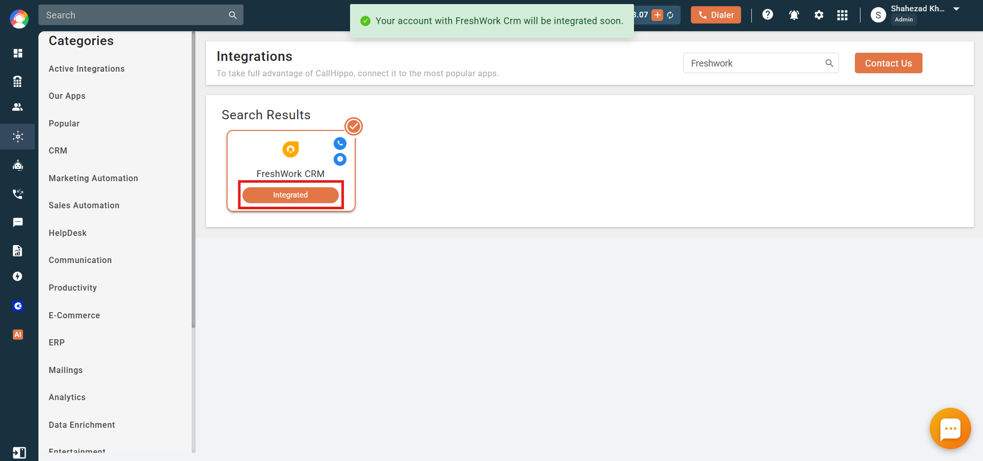 CallHippo Integrations page showing FreshWork CRM with Integrated status