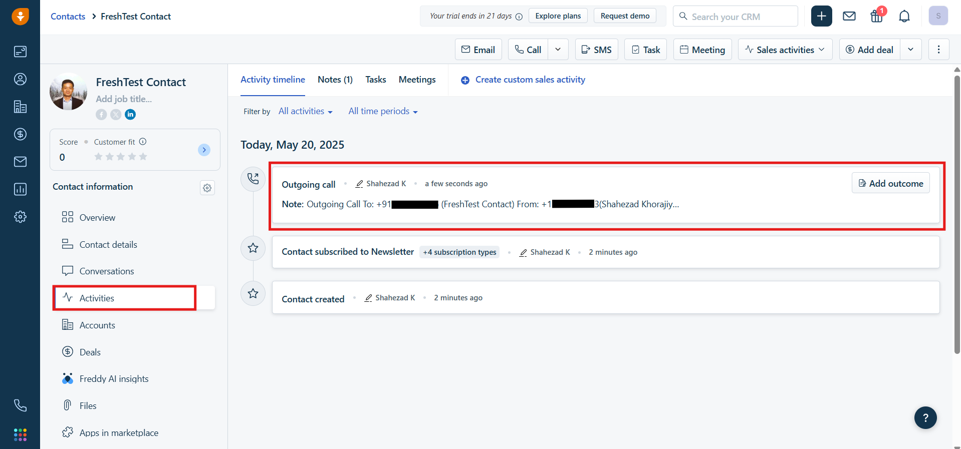 Freshworks contact activity timeline showing an outgoing call logged from CallHippo