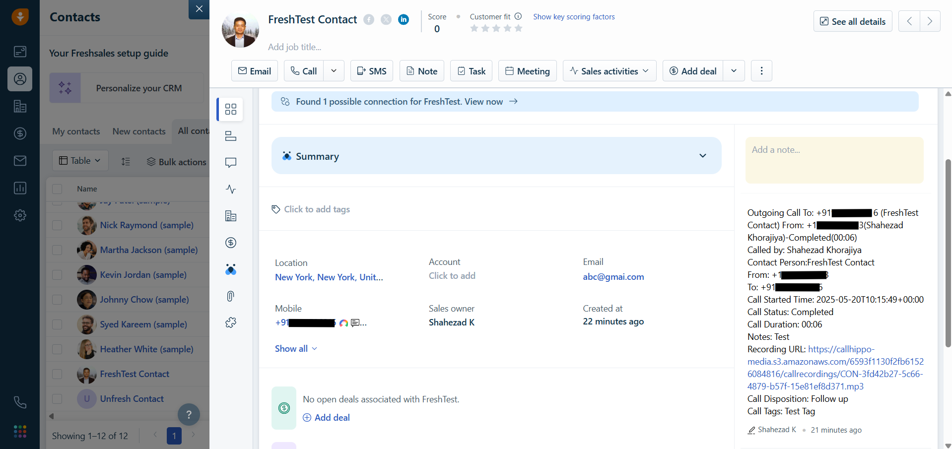 Freshworks contact summary showing call details including recording URL, disposition and call tags
