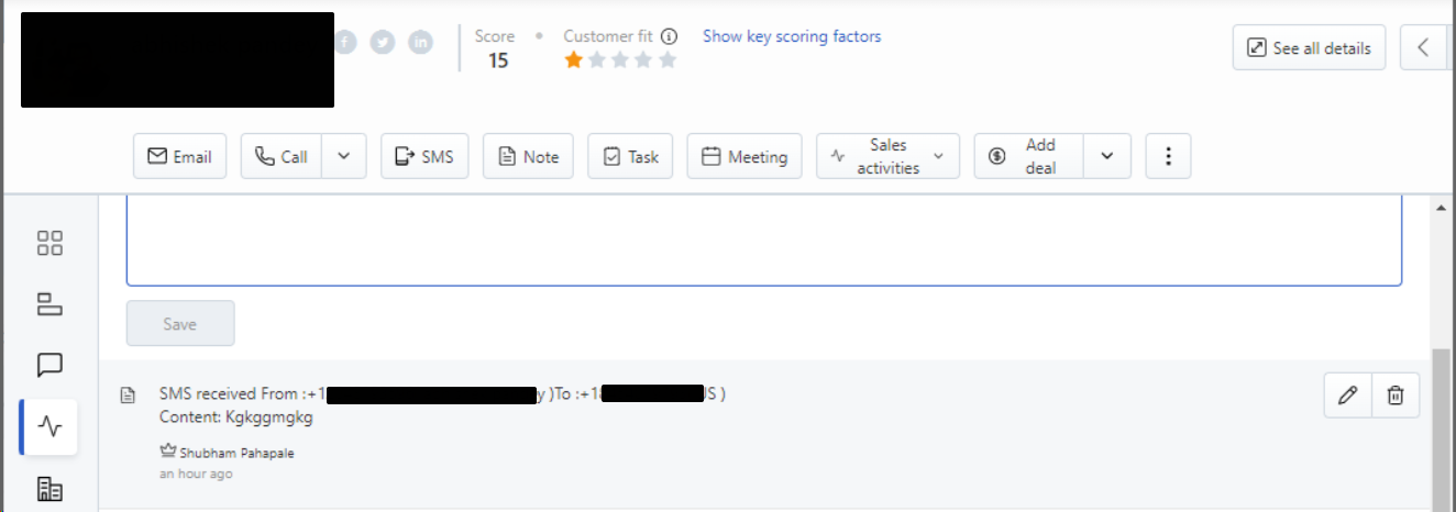 Freshworks contact activity showing an SMS received logged from CallHippo