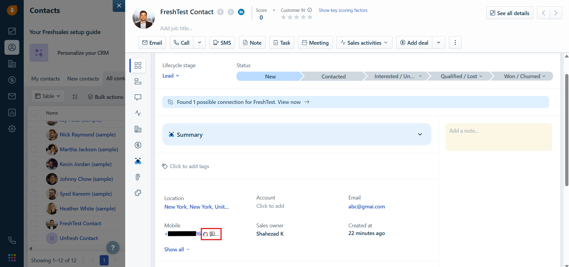Freshworks contact record with the CallHippo click-to-call icon next to the mobile number