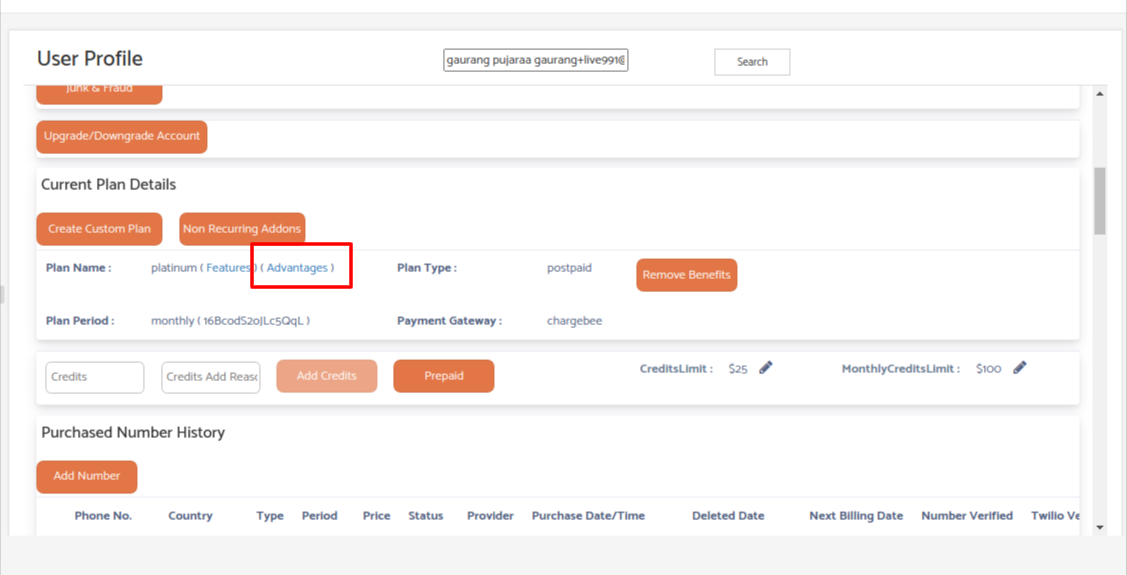 Admin user profile showing plan Advantages to check credit and outgoing minutes