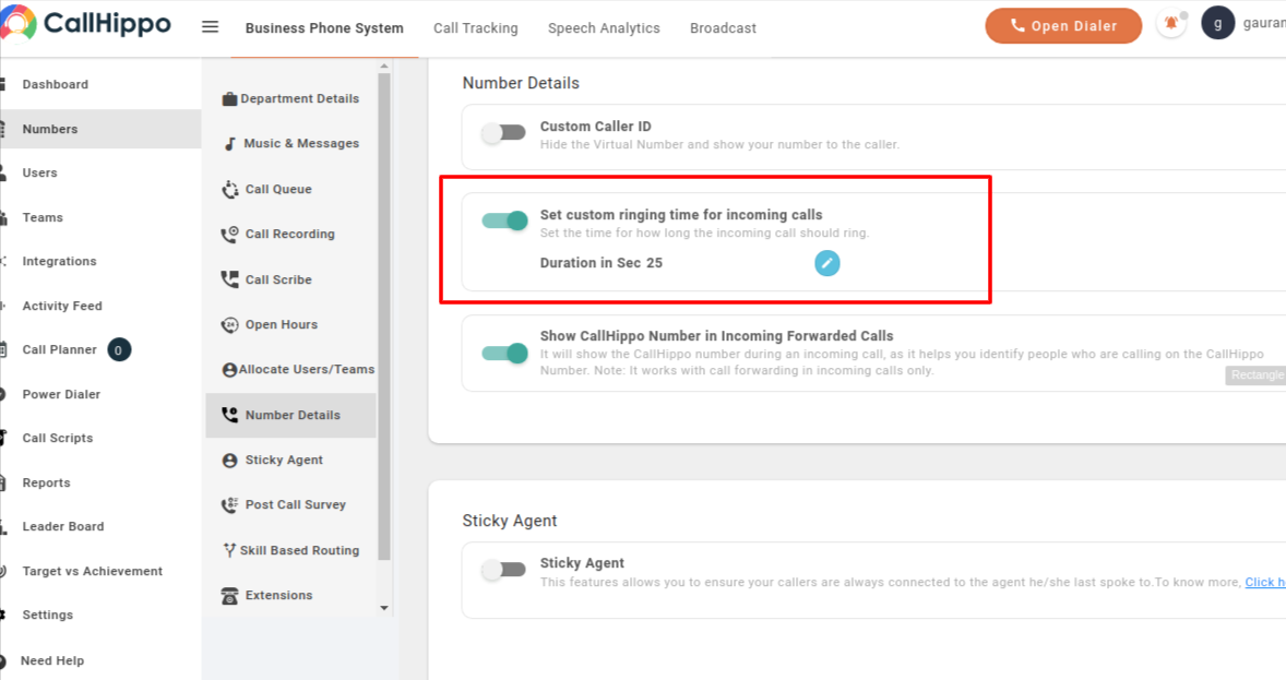 Number Details showing custom ringing time for incoming calls