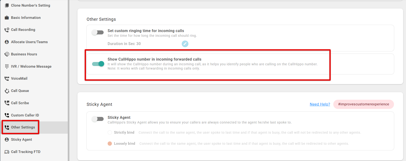 Other Settings tab showing the Show CallHippo number in incoming forwarded calls toggle enabled