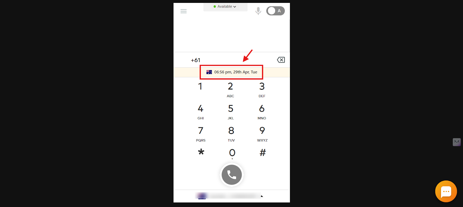 CallHippo dialer showing the Australian flag, local time, date and weekday for a +61 number