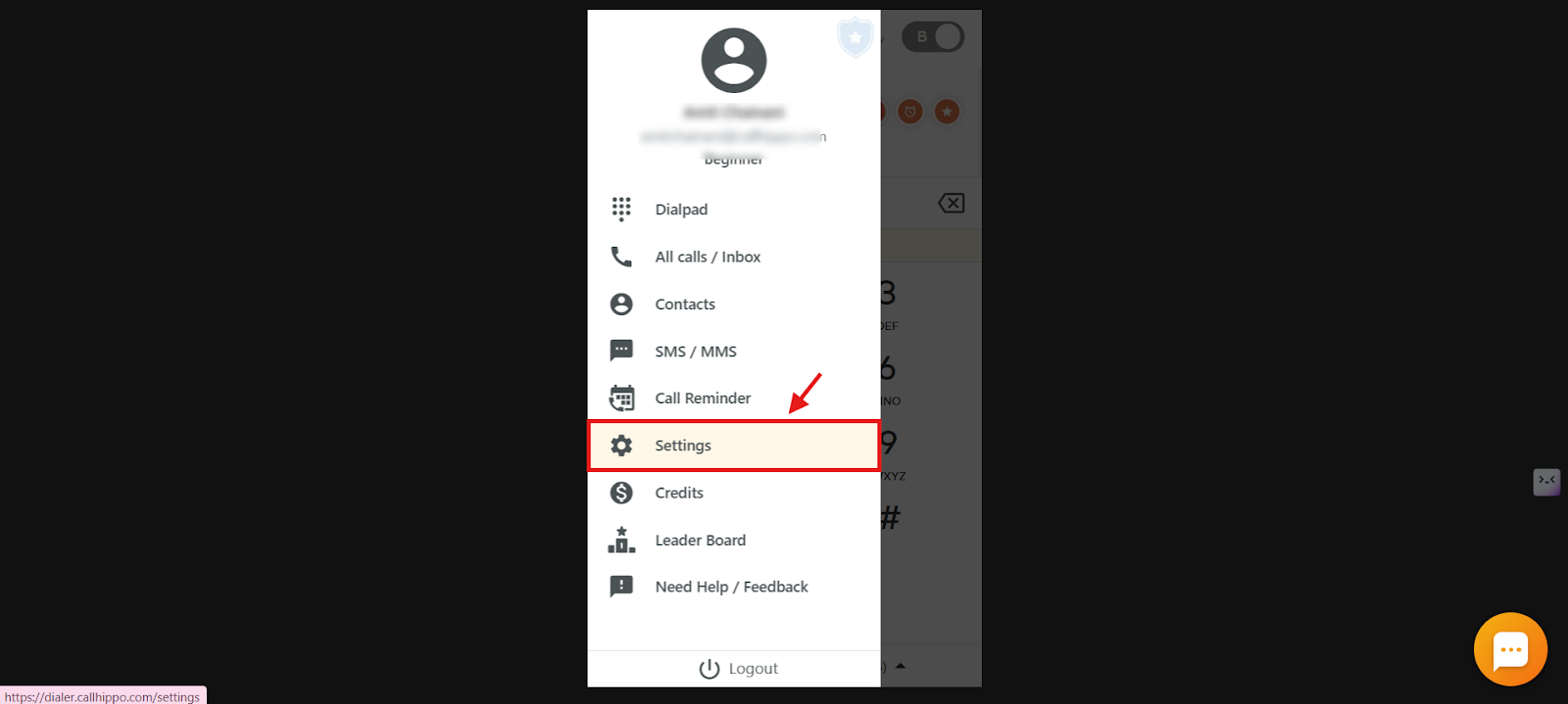 Dialer menu with the Settings option highlighted