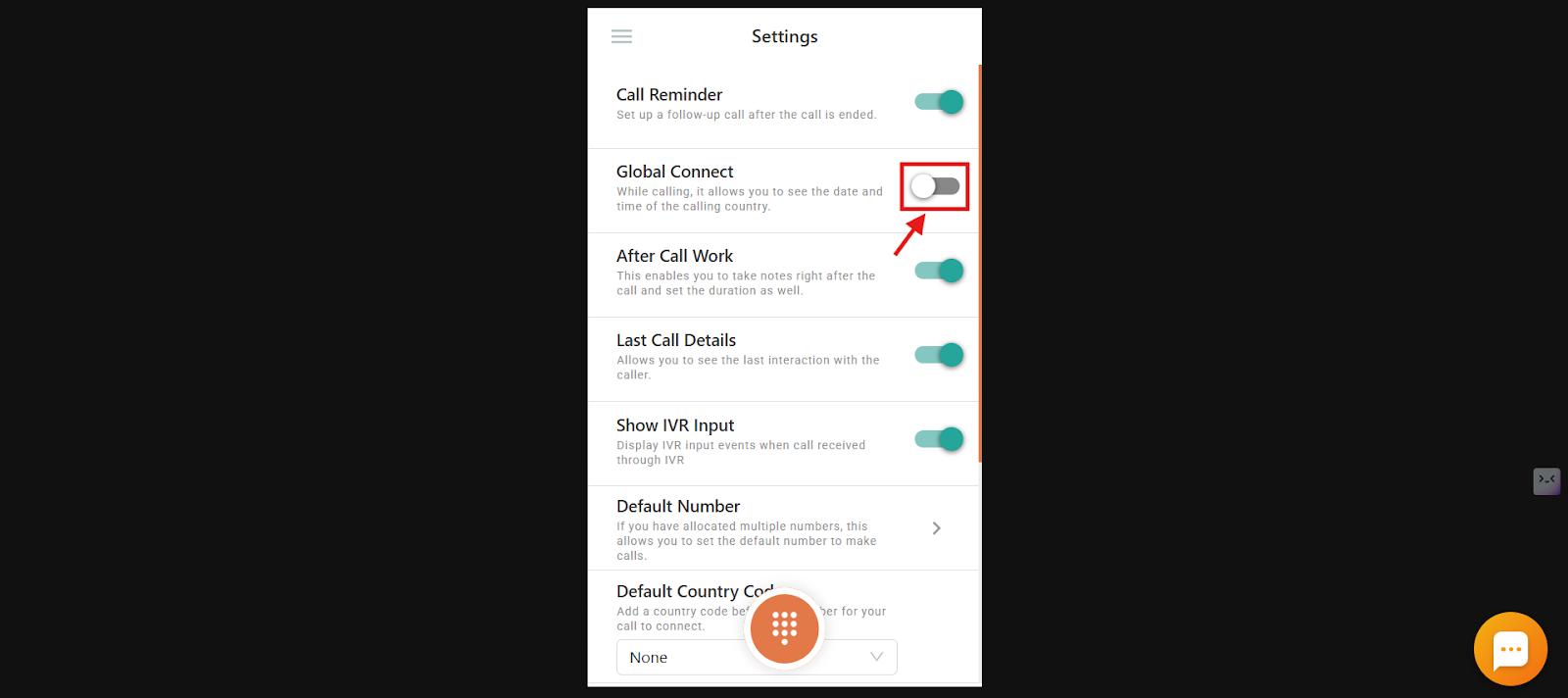 Settings screen with the Global Connect toggle highlighted to enable or disable the feature