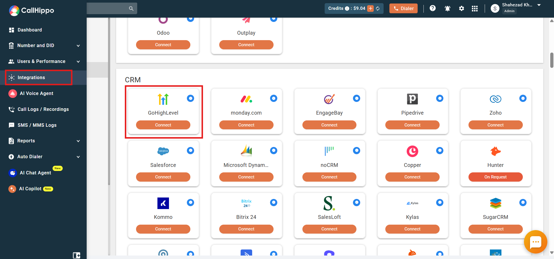GoHighLevel card under the CRM section of the CallHippo Integrations tab with the Connect button