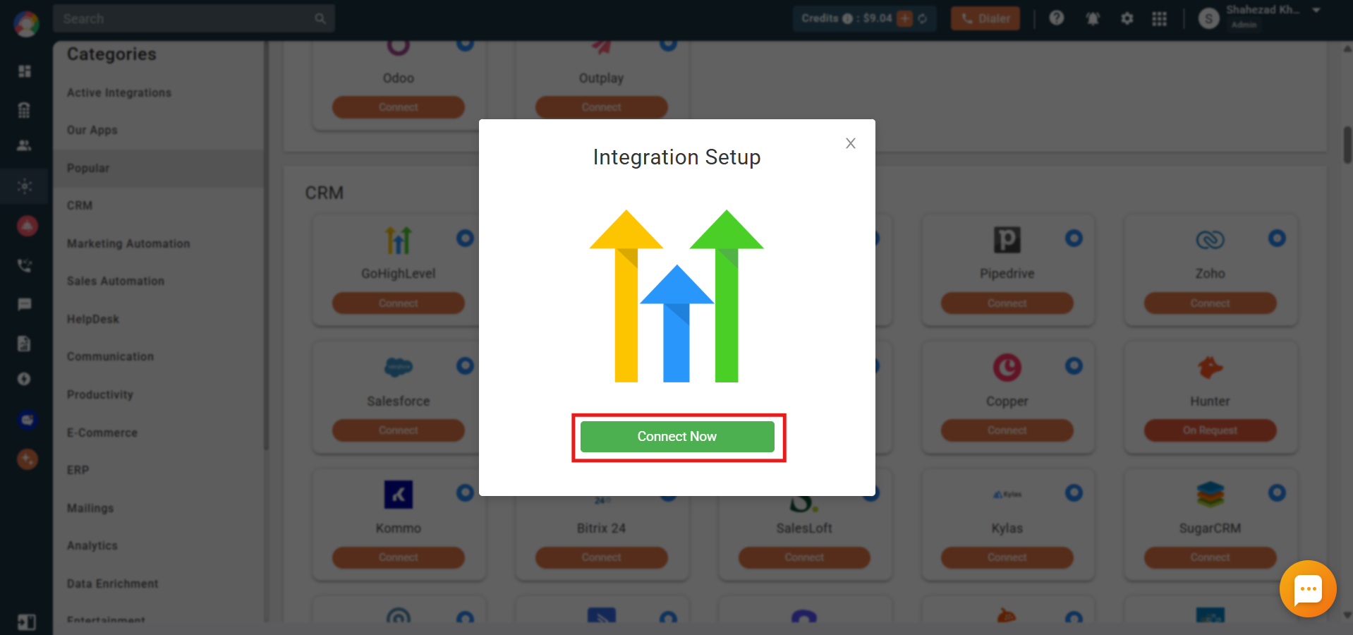 GoHighLevel Integration Setup popup with the Connect Now button