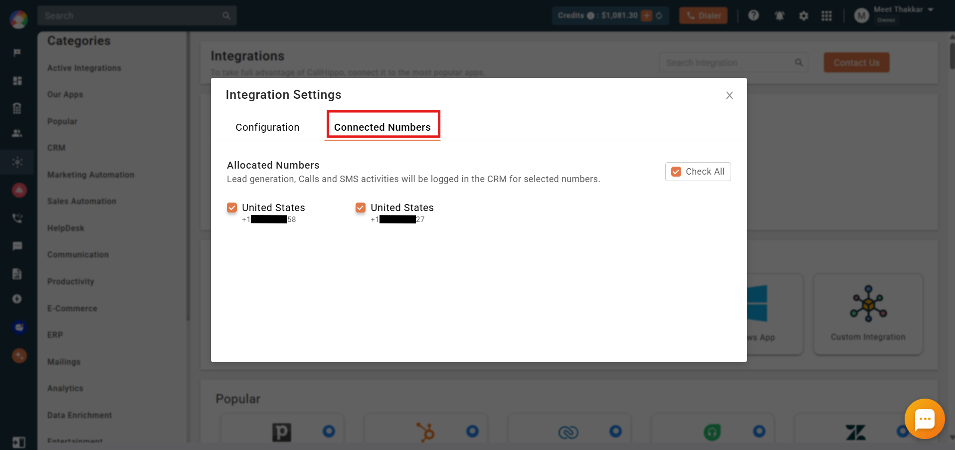 Connected Numbers tab showing allocated phone numbers selected for activity logging