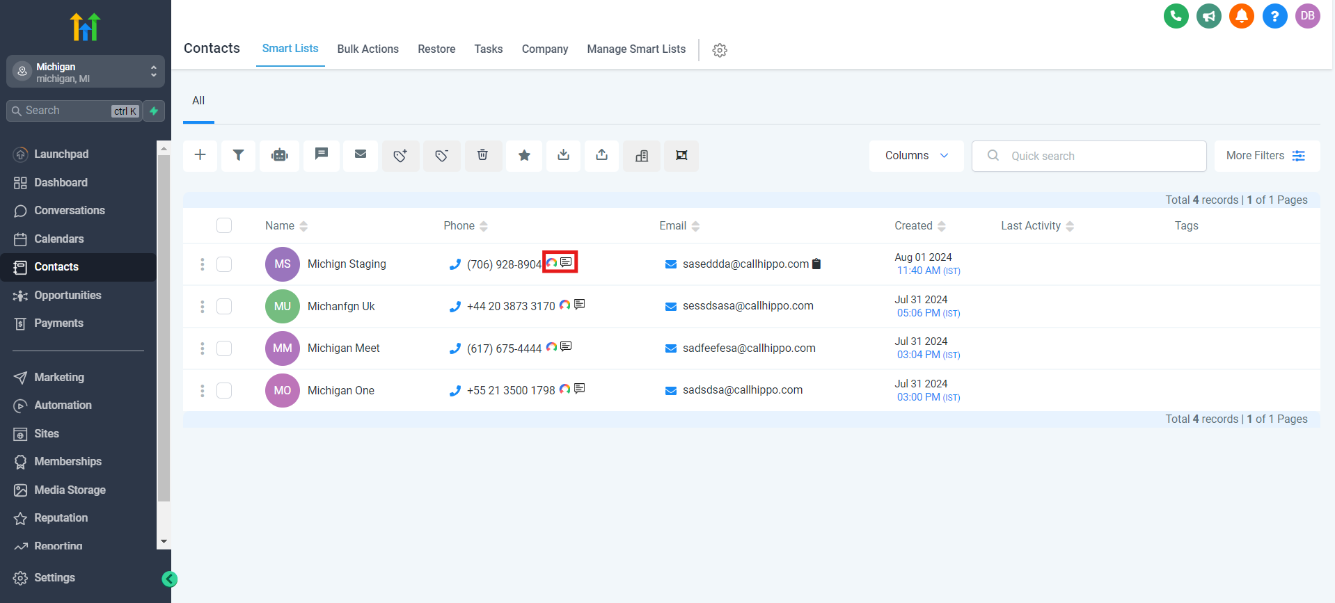 Call and SMS click-to-call icons next to a contact phone number in GoHighLevel