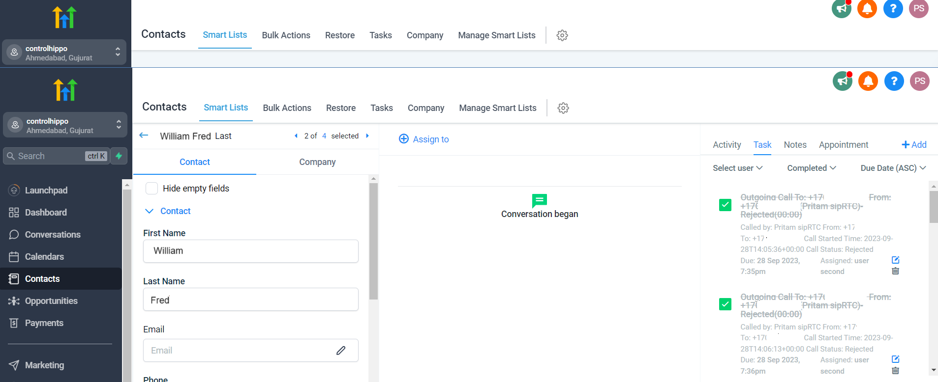 Call activities logged as completed tasks in a GoHighLevel contact Task tab