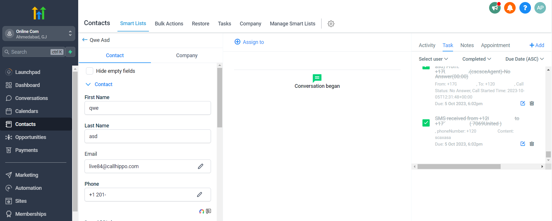 No answer call and received SMS logged as tasks in a GoHighLevel contact